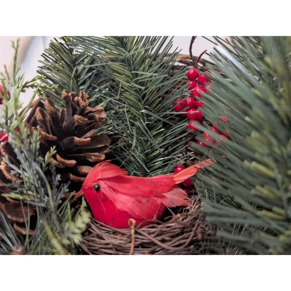 Christmas Wreath Wicker Basket Red Cardinal Berries Holiday Door Wall Decor